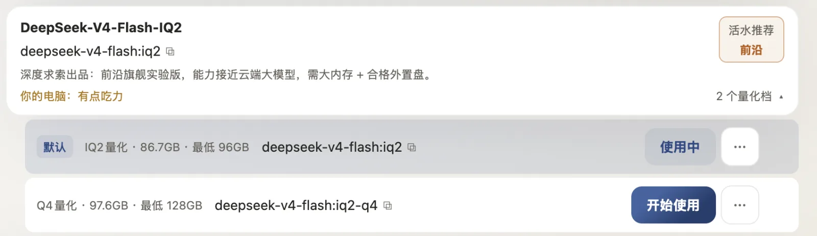 活水模型模型库中的 DeepSeek-V4-Flash 前沿档:两个量化档位,标注体积与内存门槛